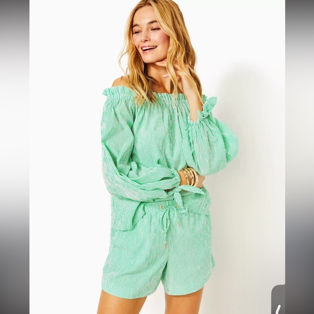 Lilly Pulitzer XS Green White Striped Off Shoulder Long Sleeve Top